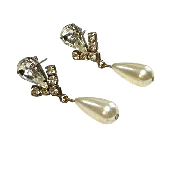 Vintage Dangle Earrings Faux Pearl Rhinestone Accent - Picture 1 of 3